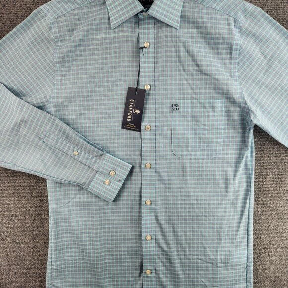 NWT Stafford Travel Button Up Shirt Green Blue Check 14.5 32/33 Regular Woven - Picture 3 of 16